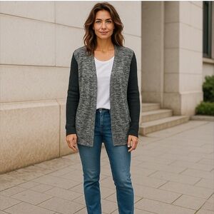 *Eileen Fisher Cardigan Sweater Womens M Black Open Knit 100% Linen Quiet Luxury